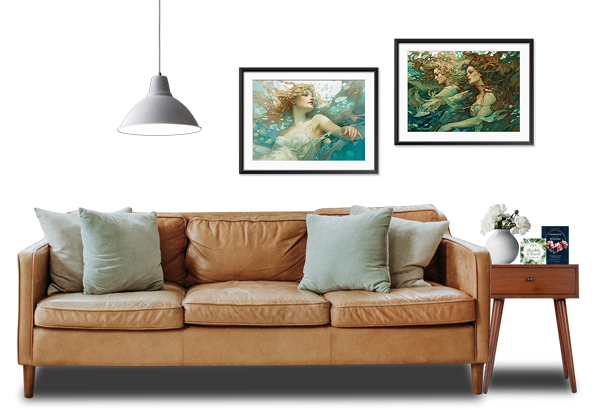 Hero image of a sofa with some wall art behind it and a side table next to it